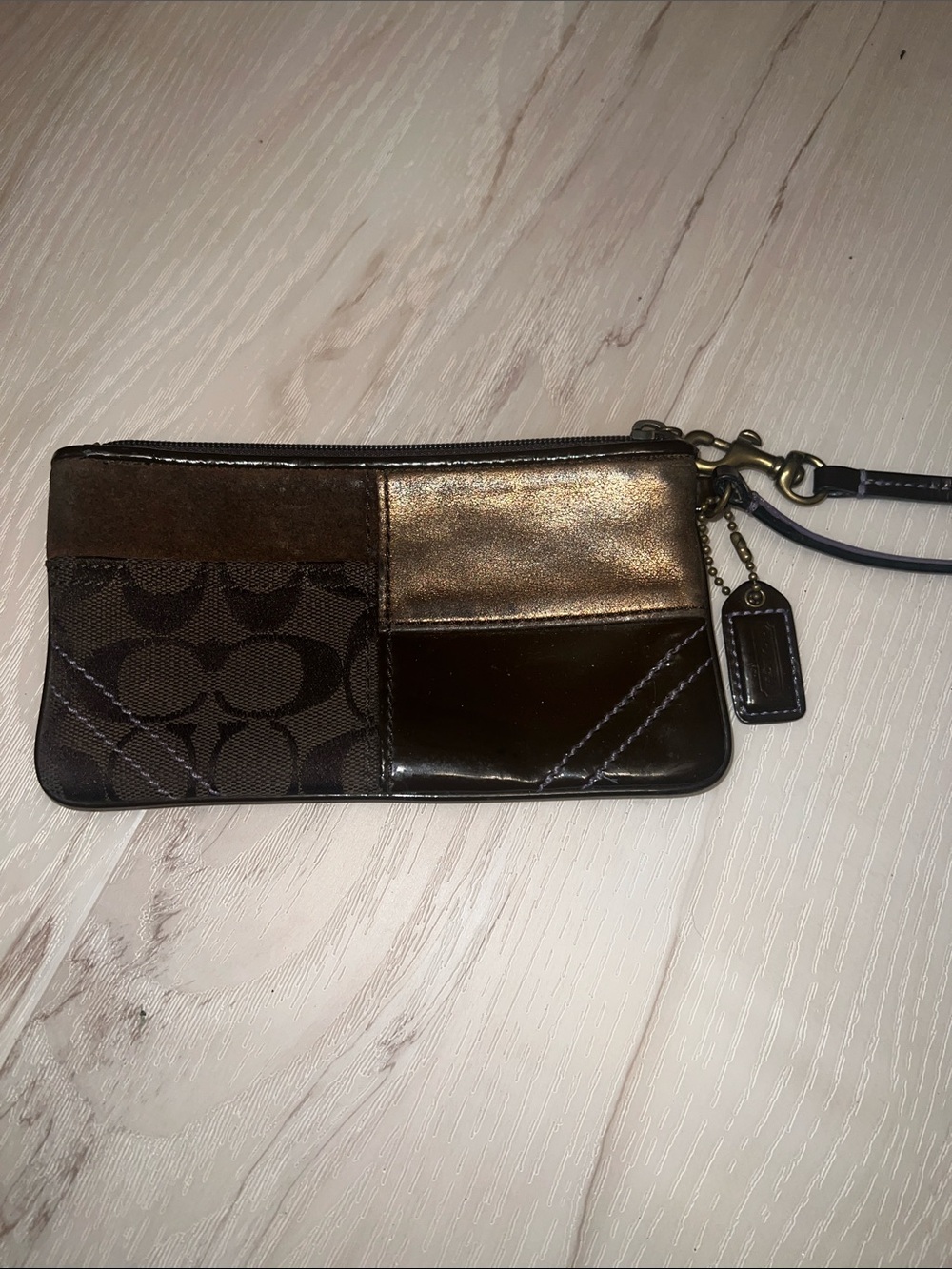 Coach Vintage Patchwork Leather Wristlet in Brown, Black and Bronze
